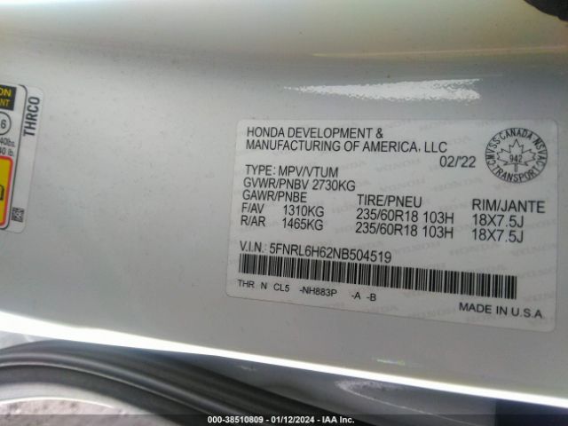 5FNRL6H62NB504519 Honda Odyssey
