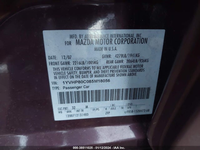 2008 MAZDA MAZDA6 I SPORT VE VIN: 1YVHP80C085M18056