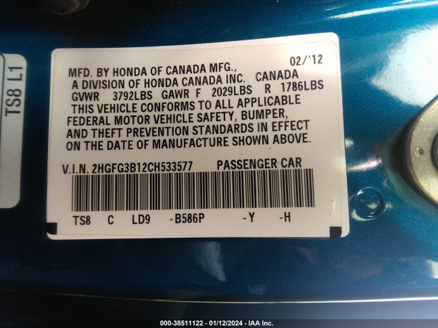 2012 HONDA CIVIC EX-L VIN: 2HGFG3B12CH533577