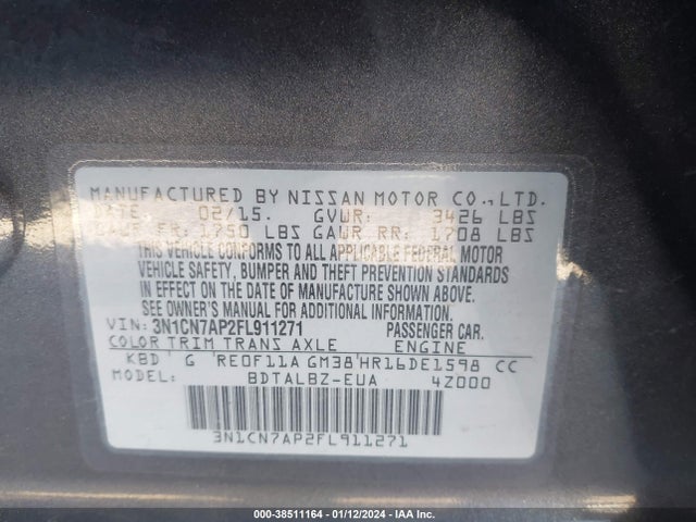 2015 NISSAN VERSA 1.6 SV VIN: 3N1CN7AP2FL911271