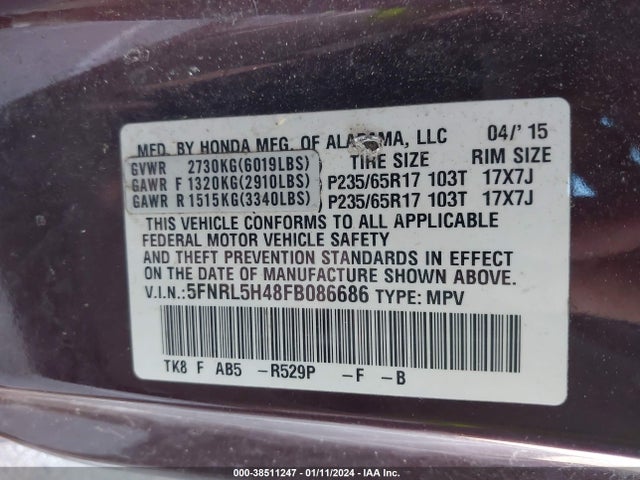 Honda ODYSSEY EX 2015 5FNRL5H48FB086686 Image 9
