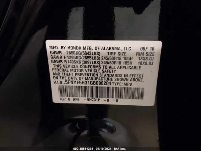 Honda Pilot Ex 2016 5FNYF6H31GB096204 Image 9