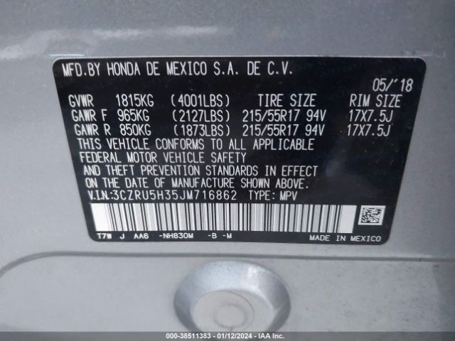 3CZRU5H35JM716862 Honda HR-V LX