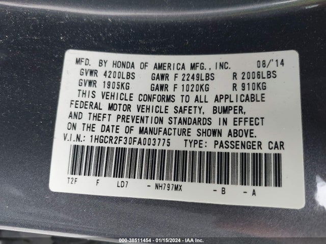 Honda ACCORD LX 2015 1HGCR2F30FA003775 Image 9