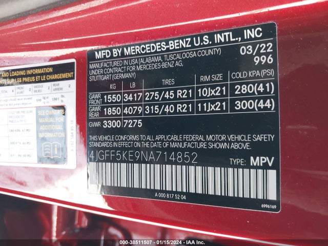 4JGFF5KE9NA714852 Mercedes-Benz Gls 450 4matic