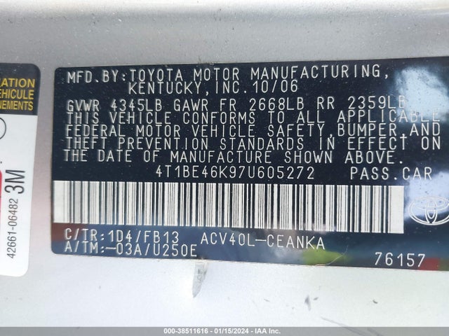 Aukcja sprzedaży 2007 Toyota Camry Ce, vin: 4T1BE46K97U605272, numer aukcji: 38511616