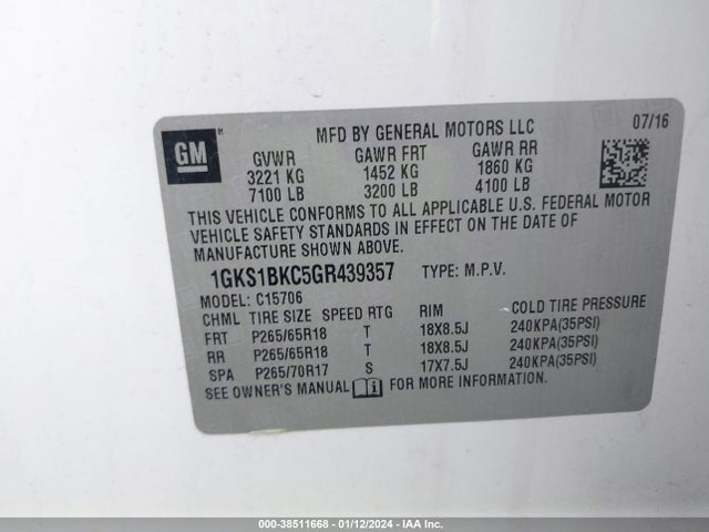 1GKS1BKC5GR439357 GMC YUKON SLT