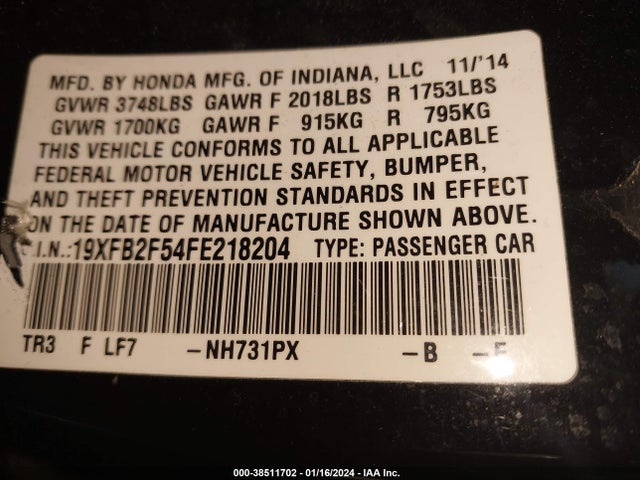 Honda Civic Lx 2015 19XFB2F54FE218204 Image 9