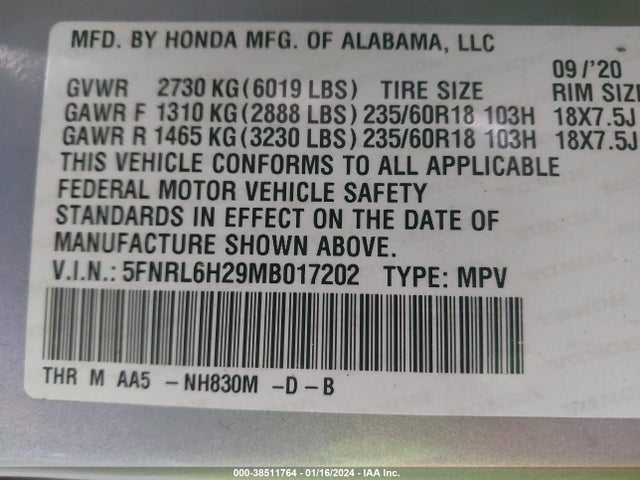 2021 HONDA ODYSSEY LX VIN: 5FNRL6H29MB017202