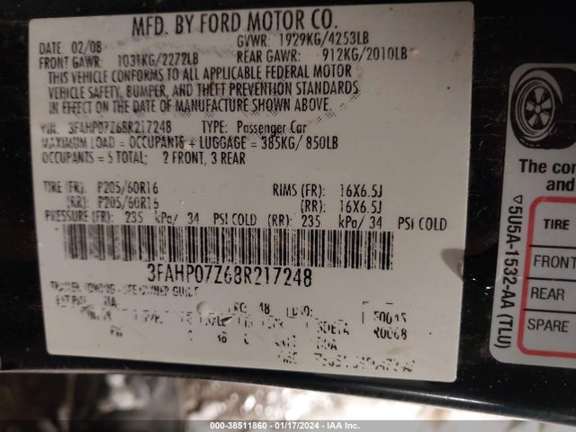 2008 FORD FUSION SE VIN: 3FAHP07Z68R217248