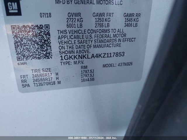 GMC Acadia Sle-1 2019 1GKKNKLA4KZ117853 Image 9