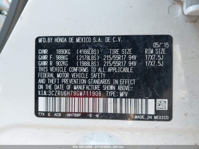 3CZRU6H79GM711908 Honda Hr-v Ex-l