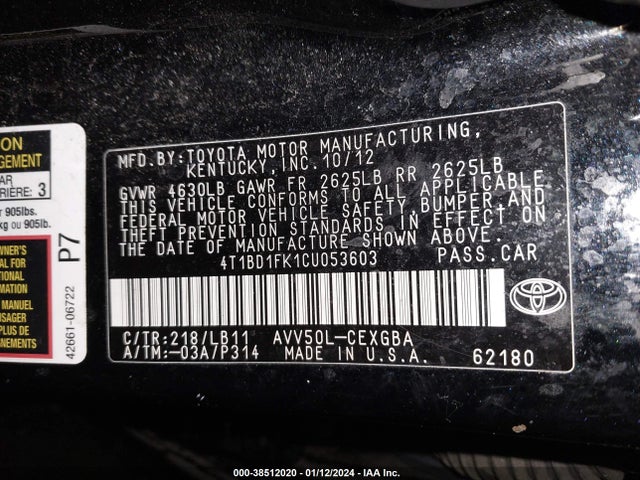 2012 TOYOTA CAMRY HYBRID XLE VIN: 4T1BD1FK1CU053603