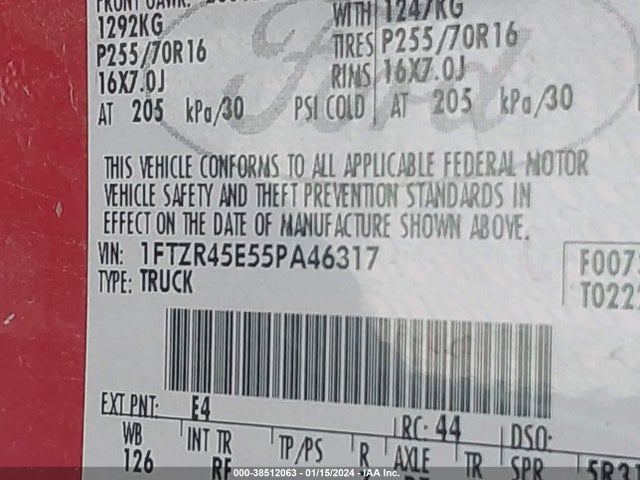 2005 FORD RANGER EDGE/FX4 LEVEL II/FX4 OFF-ROAD/XLT VIN: 1FTZR45E55PA46317