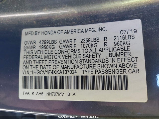 Honda ACCORD EX 2019 1HGCV1F4XKA137024 Image 9
