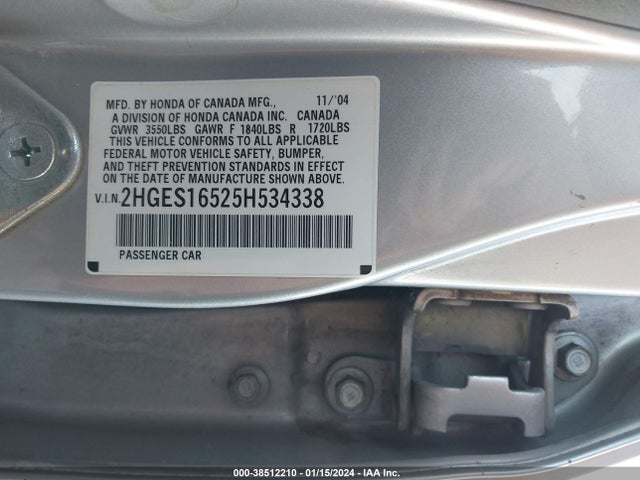 2005 HONDA CIVIC LX VIN: 2HGES16525H534338