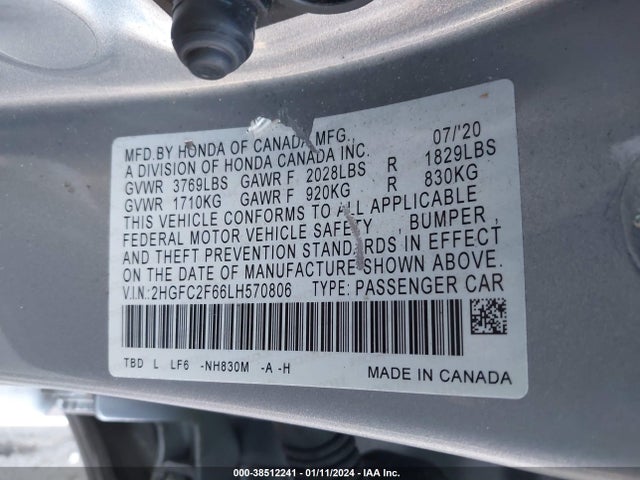 Honda Civic Lx 2020 2HGFC2F66LH570806 Image 9
