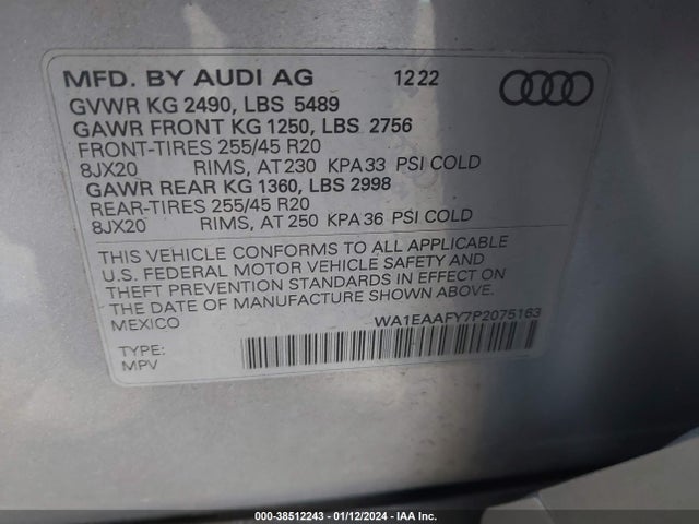 WA1EAAFY7P2075163 Audi Q5 Premium Plus 45 Tfsi S Line Quattro