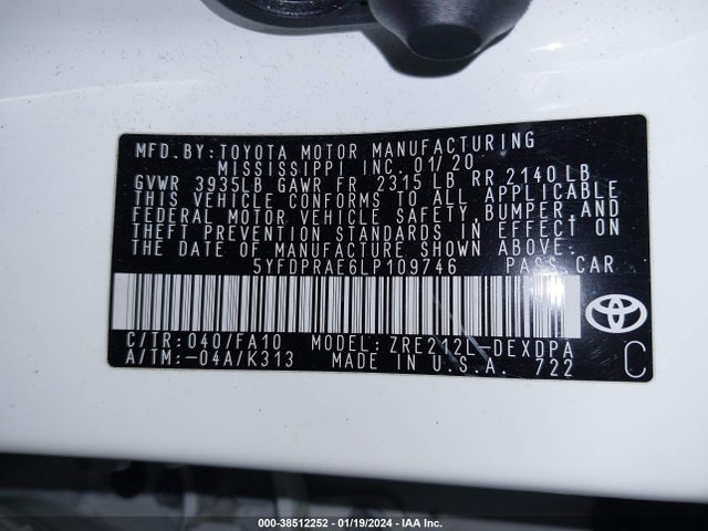Toyota COROLLA L 2020 5YFDPRAE6LP109746 Image 9