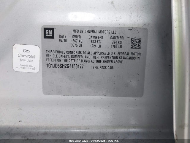 1G1JD5SH2G4150177 Chevrolet Sonic Lt Manual