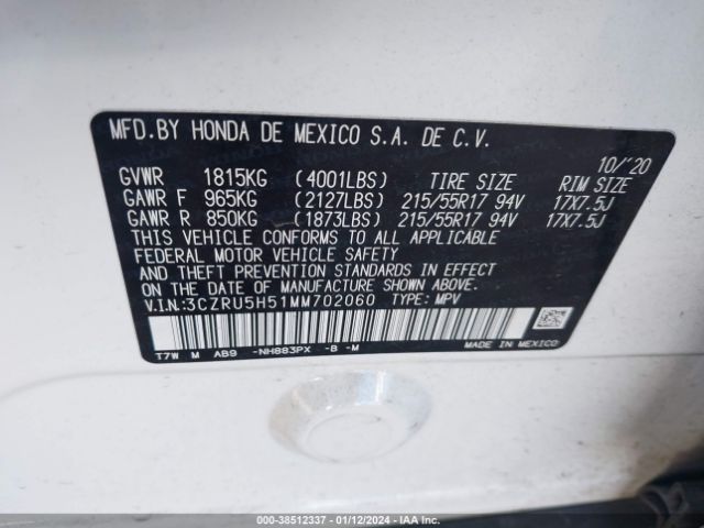 3CZRU5H51MM702060 Honda Hr-v 2wd Ex