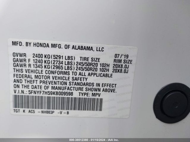 5FNYF7H59KB009598 Honda Passport Ex-l