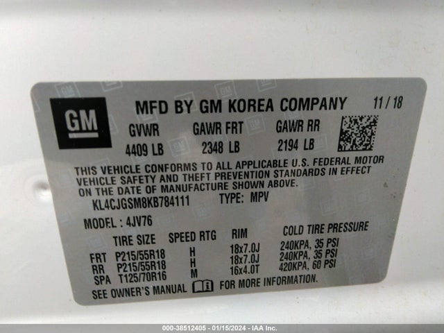 KL4CJGSM8KB784111 Buick Encore Awd Essence