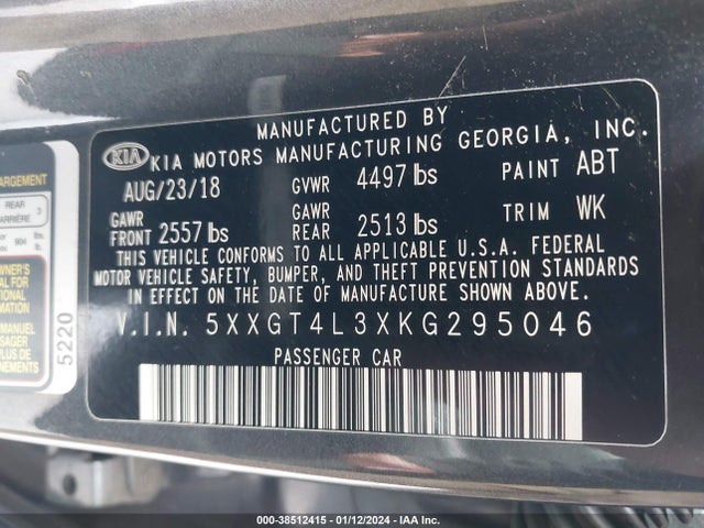 KIA Optima Lx 2019 5XXGT4L3XKG295046 Image 9