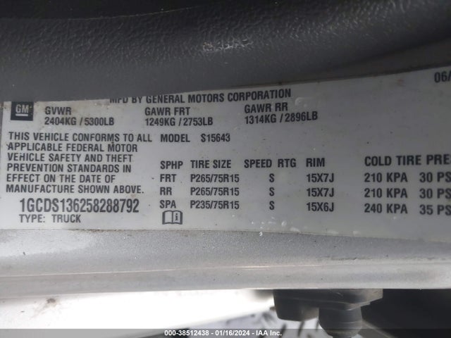 2005 CHEVROLET COLORADO LS VIN: 1GCDS136258288792