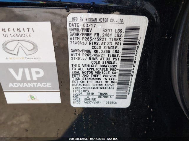 2017 INFINITI QX70 VIN: JN8CS1MU4HM143469