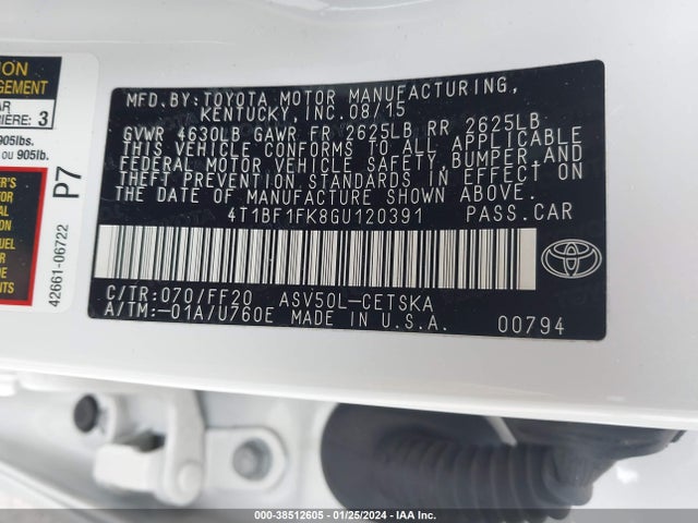 2016 Toyota Camry Se მანქანა იყიდება აუქციონზე, vin: 4T1BF1FK8GU120391, აუქციონის ნომერი: 38512605