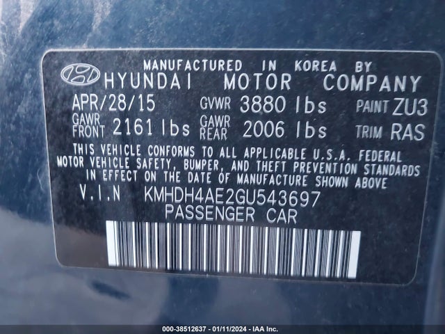 2016 HYUNDAI ELANTRA SE VIN: KMHDH4AE2GU543697