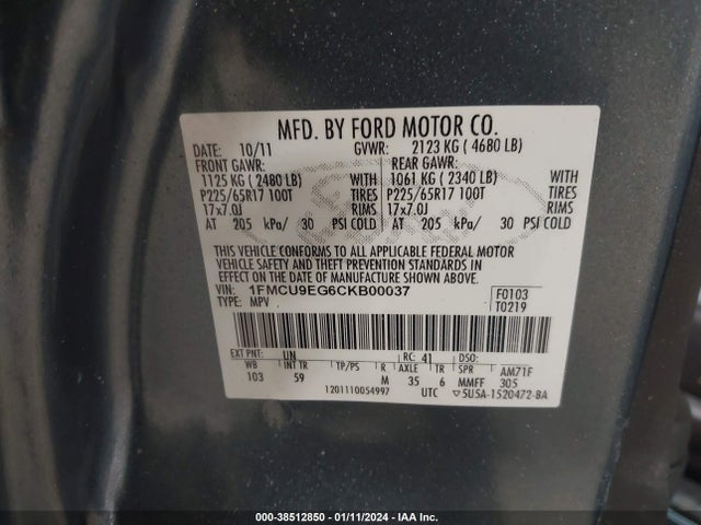 2012 FORD ESCAPE LIMITED VIN: 1FMCU9EG6CKB00037