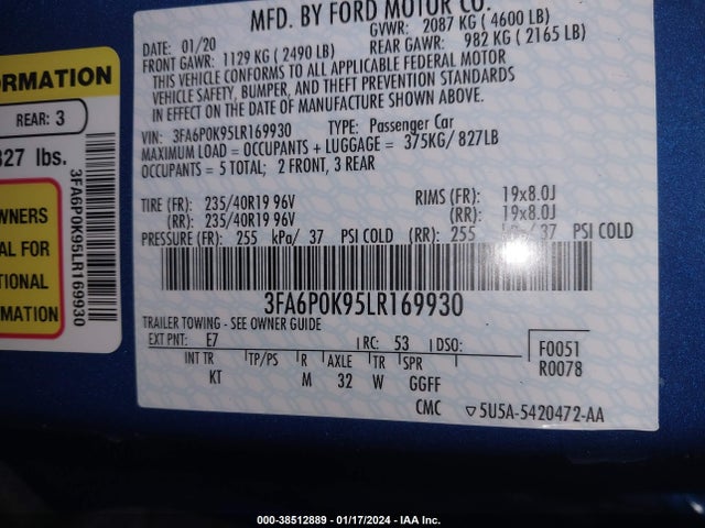 2020 FORD FUSION TITANIUM VIN: 3FA6P0K95LR169930