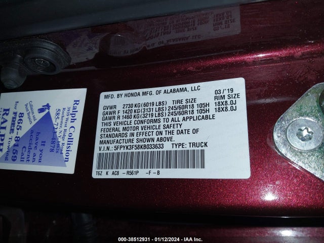 Honda Ridgeline Rtl 2019 5FPYK3F58KB033633 Image 9