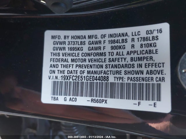 Honda Civic Lx 2016 19XFC2E51GE044088 Image 9