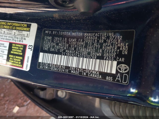 2012 TOYOTA COROLLA LE VIN: 2T1BU4EE4CC910768
