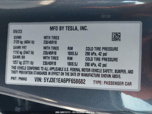 Aukcja sprzedaży 2023 Tesla Model 3 Rear-wheel Drive, vin: 5YJ3E1EA6PF658682, numer aukcji: 38513111