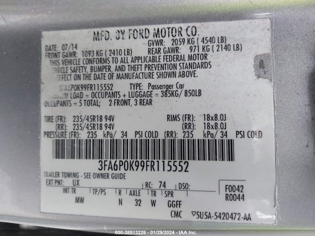 2015 FORD FUSION TITANIUM VIN: 3FA6P0K99FR115552