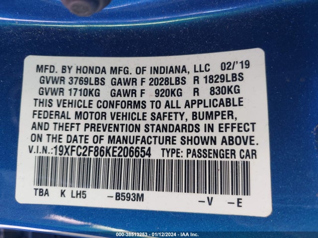 Honda Civic Sport 2019 19XFC2F86KE206654 Image 9
