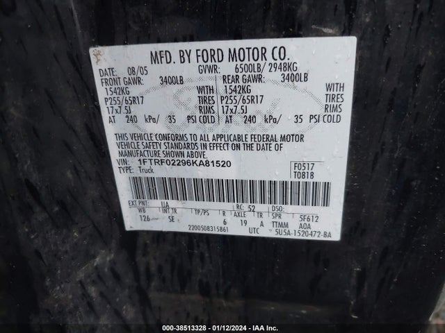 2006 FORD F-150 STX/XLT VIN: 1FTRF02296KA81520