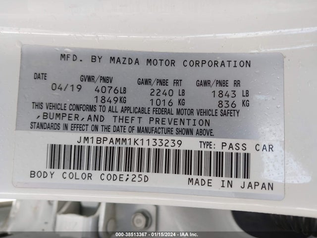 2019 MAZDA MAZDA3 PREFERRED PACKAGE VIN: JM1BPAMM1K1133239