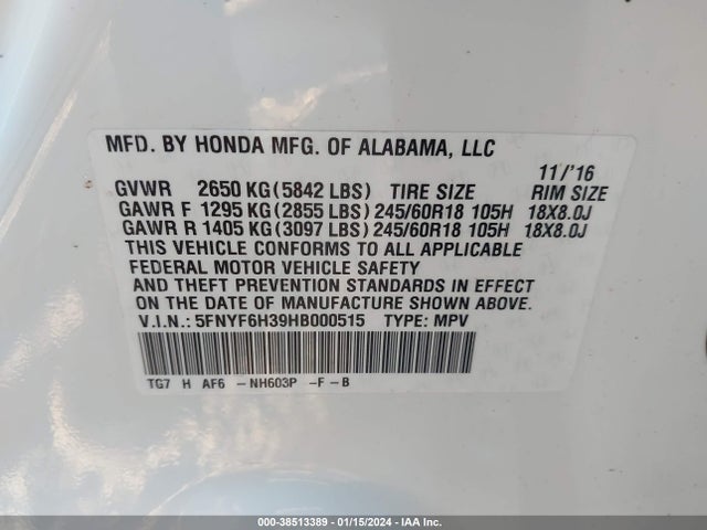 Honda Pilot Ex 2017 5FNYF6H39HB000515 Image 9