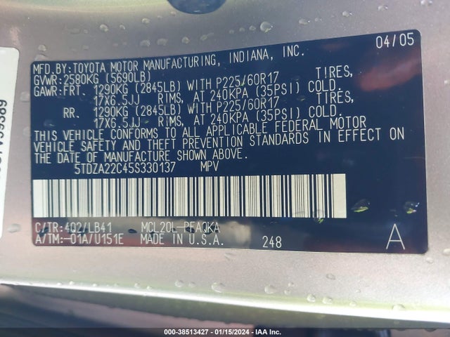 2005 TOYOTA SIENNA XLE VIN: 5TDZA22C45S330137