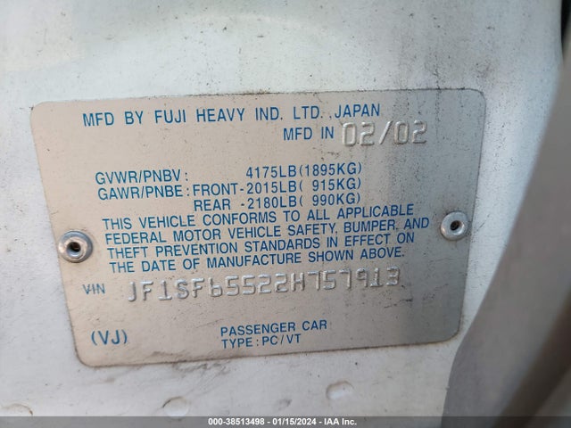 2002 SUBARU FORESTER S VIN: JF1SF65522H757913