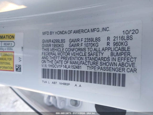 Honda ACCORD LX 2020 1HGCV1F14LA152481 Image 9
