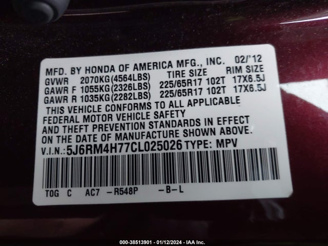 2012 HONDA CR-V EX-L VIN: 5J6RM4H77CL025026