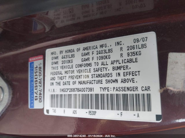 2008 HONDA ACCORD 2.4 EX-L VIN: 1HGCP26878A007391