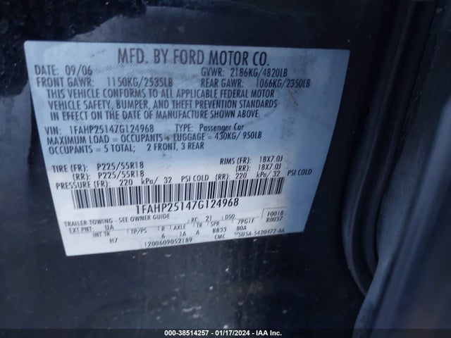 2007 FORD FIVE HUNDRED LIMITED VIN: 1FAHP25147G124968