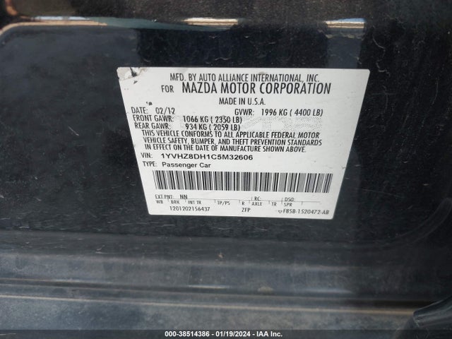 2012 MAZDA MAZDA6 I TOURING VIN: 1YVHZ8DH1C5M32606